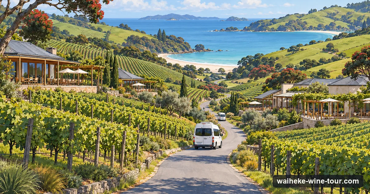 Illustration: a valley road lined with vineyards and low cellar door buildings, a white beach and blue sea at the end of the valley