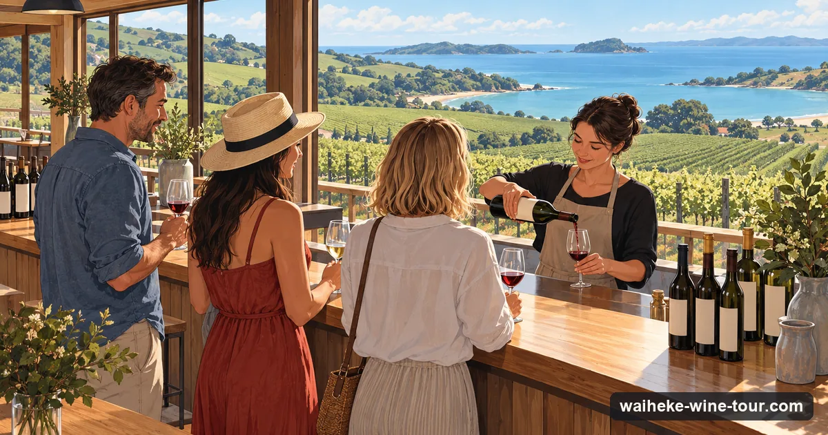 Illustration: visitors standing at a wooden cellar door counter with small tasting pours of red and white wine, a window behind looking out over vineyard rows