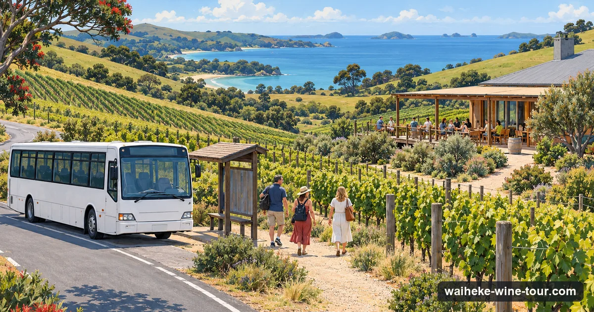Illustration: a plain white bus on a country road between vineyard rows on a green hillside, the sea in the distance, a few visitors walking from a bus stop toward a cellar door