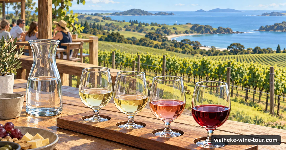 Illustration: a tasting flight of four small pours of wine on a wooden table at a cellar door, vineyard rows and the sea beyond