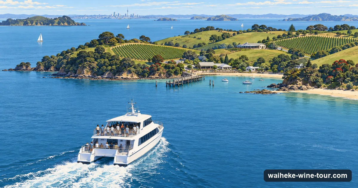 Illustration: a plain white passenger catamaran crossing a calm blue gulf toward a green island with vineyard-covered hills, a city skyline small on the horizon behind