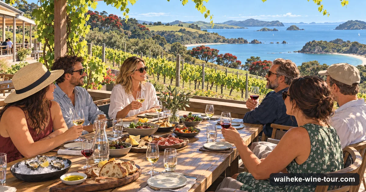 Illustration: a long shared table under a vine-covered pergola set with small plates of tapas and glasses of white and red wine, vineyard slopes and the sea beyond
